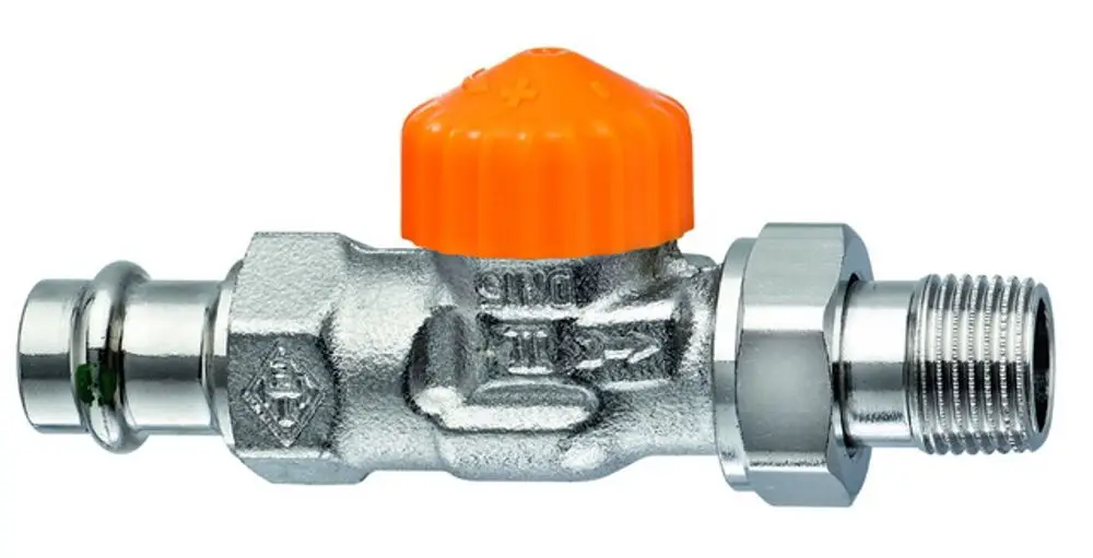 Thermostatventilunterteil aus Metall mit orangem Drehknopf. Anschlussoptionen für Rohrleitungen. Hersteller: IMI Hydronic Engineering.